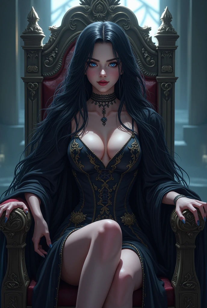 (best quality,highres),young woman,long black hair,blue eyes,ironic smile,sit on throne,badass,dark atmosphere,fantasy queen clothes,anime style