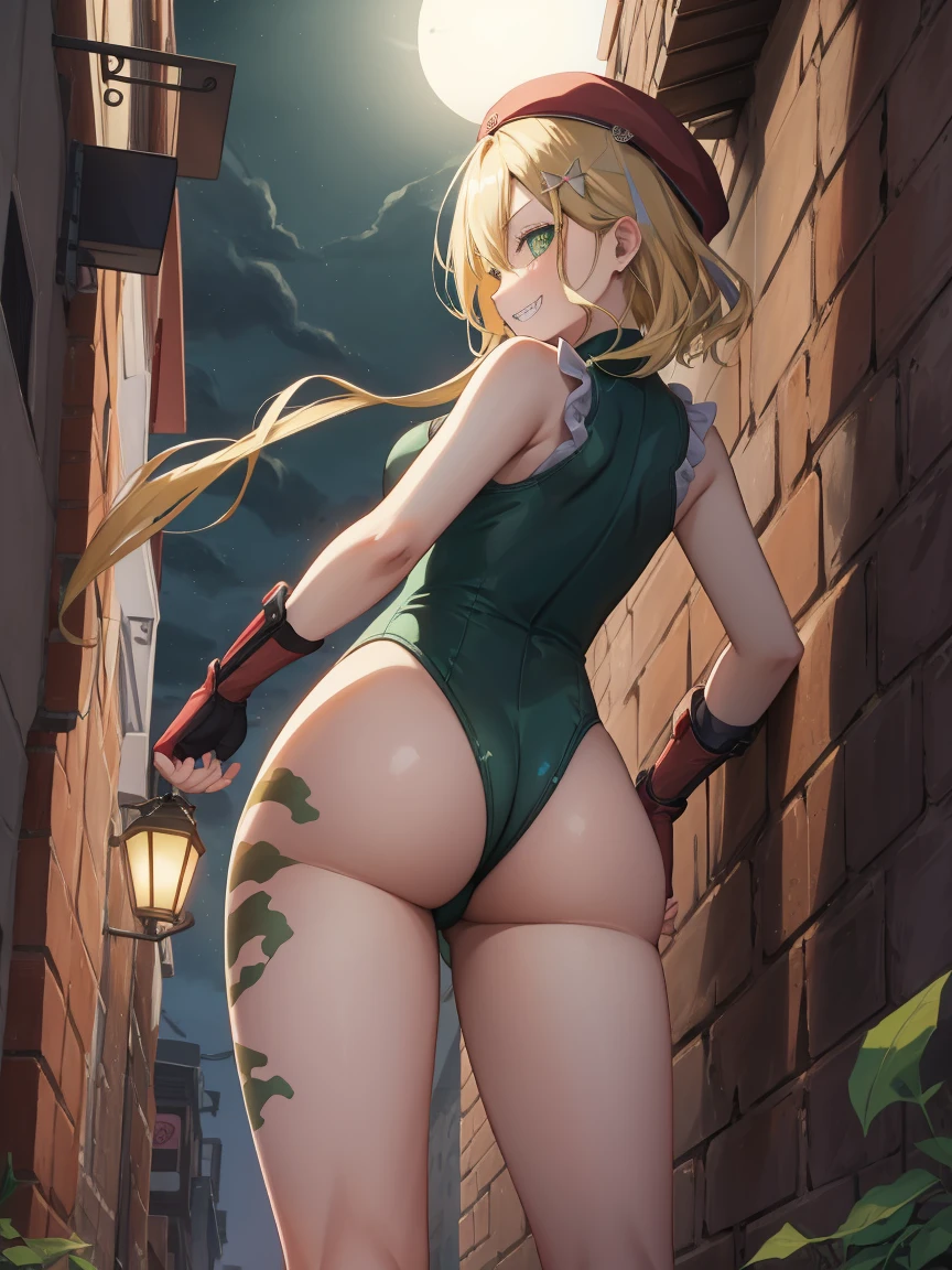 Portrait, official art, best masterpiece, best quality, best resolution, 8K, best detailed, perfect anatomy
break
(Contrapposto:1.3), Open Stance, standing, (From below, From behind), buttocks
break
1girl, solo, kurumi noah, hairclip, hair ornament, bow, jewelry, medium breasts, (Short stature:1.3), cute, Green Eyes
break
blonde hair, beret, (red headwear:1.3), scar on cheek, green leotard, sleeveless, red gloves, fingerless gloves, camouflage
break
(lewd smile), grin
break
Back alley, downtown, (night, midnight, darkness:1.4), very fine and detailed 16KCG wallpapersrs