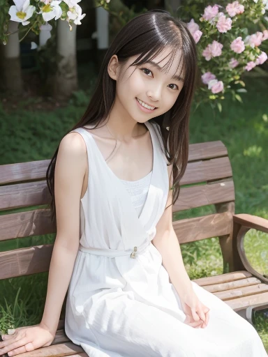 Japanese female, (underweight), (flat chest best quality:1.5), 30 years old, (cheerful grin:1.3),
park, delightful, sitting, long hair, (white dress of thin fabric), Japanese, Happy Scene, in the field of flowers, with a bench, full body shot, from front, ground-level shot, (moonlight:1.2)