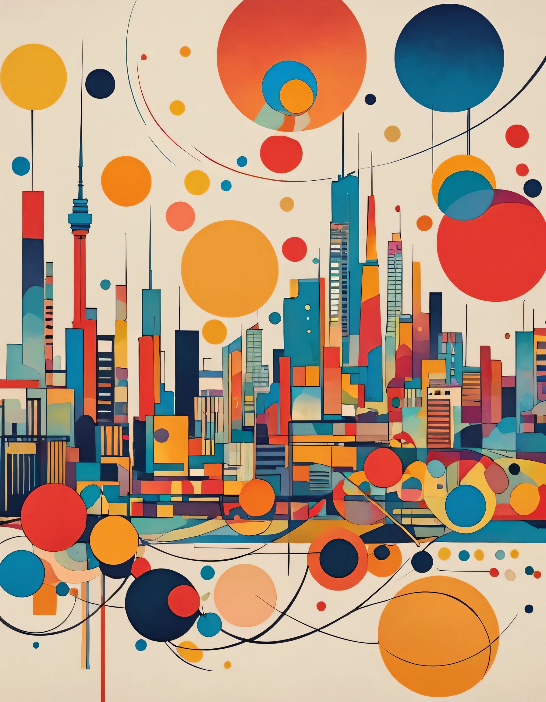 Vasily Kandinsky style, Simple Line Initialism,Abstract art,(((Tokyo cityscape))), (((No people)))