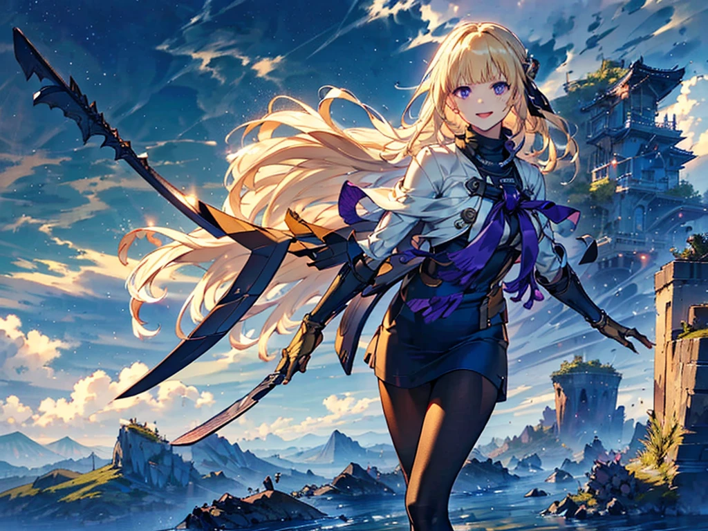  Purple eyes, Blonde,score_9, score_8_superior, score_7_superior, score_6_superior, score_5_superior, masterpiece, Highest quality, Intricate details, Sharp focus, Super detailed, null, (null飛ぶ島:1.2), null, cloud, Fantasy Landscape,