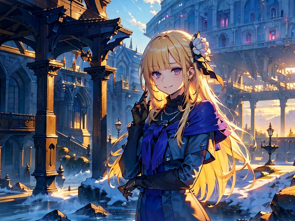  Purple eyes, Blonde,score_9, score_8_superior, score_7_superior, score_6_superior, score_5_superior, masterpiece, Highest quality, Intricate details, Sharp focus, Super detailed, null, (null飛ぶ島:1.2), null, cloud, Fantasy Landscape,