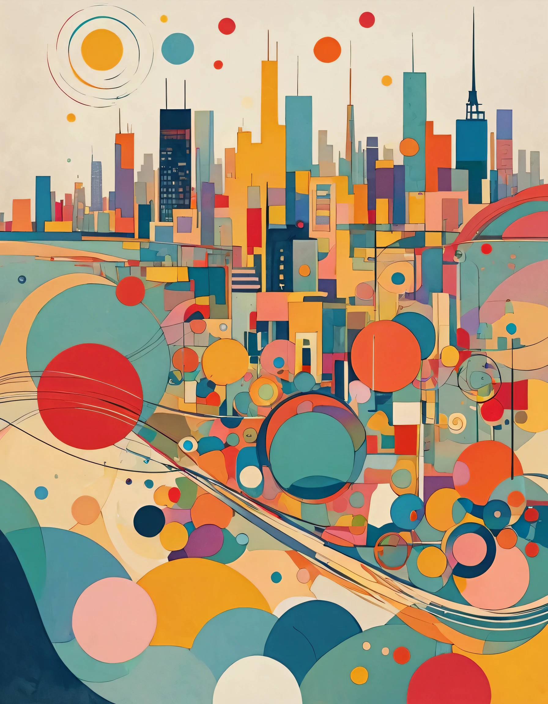 Vasily Kandinsky style, Simple Line Initialism，Abstract art，(((Tokyo cityscape))), (((No people)))