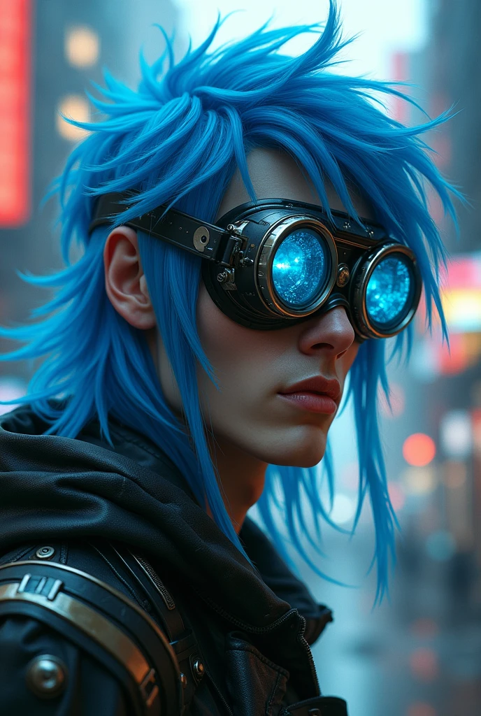 A man with long blue hair and goggles