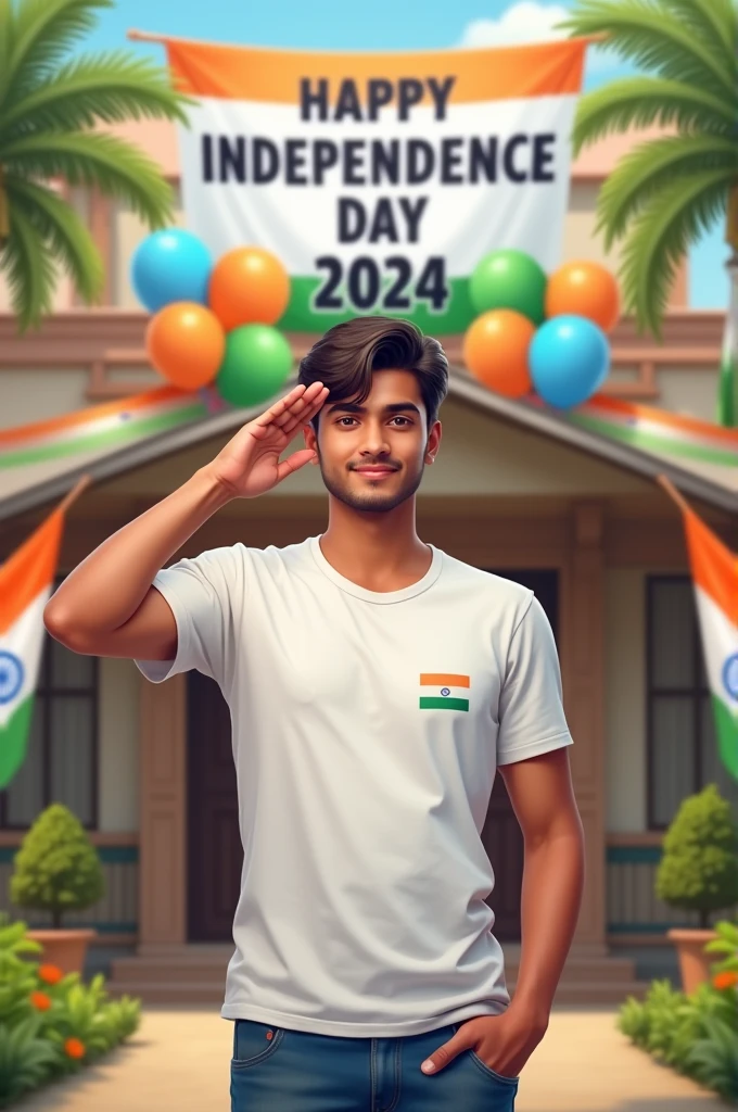 A real 20 year old boy , wearing a white "sonu" T-shirt stands in front of a house decorated with Indian flags and tricolor balloons, saluting for an upcoming Independence Day celebration. The house has a large banner that reads "HAPPY INDEPENDENCE DAY 2024 and make sure text should be correct.