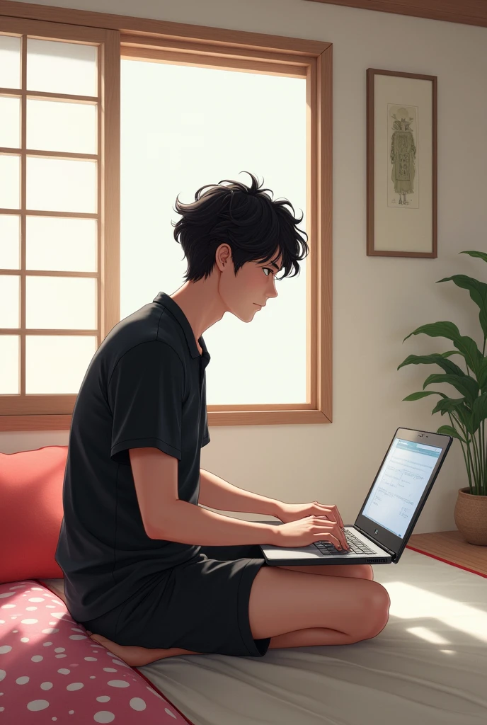 A Japanese man, 180cm tall, with naturally curly hair, wearing a black short-sleeved top and bottoms and short pants, in a Japanese-style room with white flooring, in front of a black laptop, with a slightly dark double eyelid, and a red polka-dot futon nearby.
