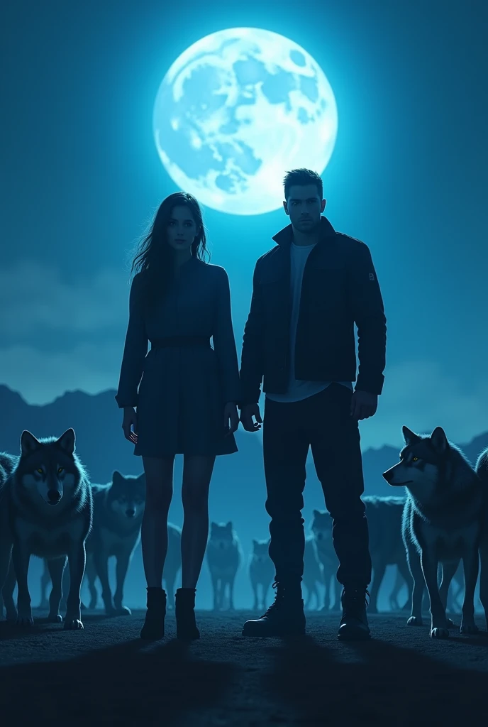 Generate a realistic image of a alpha male and female decently dressed  under a blue moon wit wolf packs in front of them