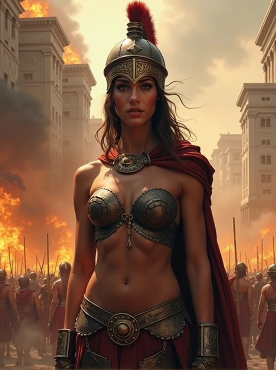 an ultra hot gorgeous 23-year-old Spartan warrior stands her ground in a Greek city engulfed in flames and pillage.cleavage.masterpiece