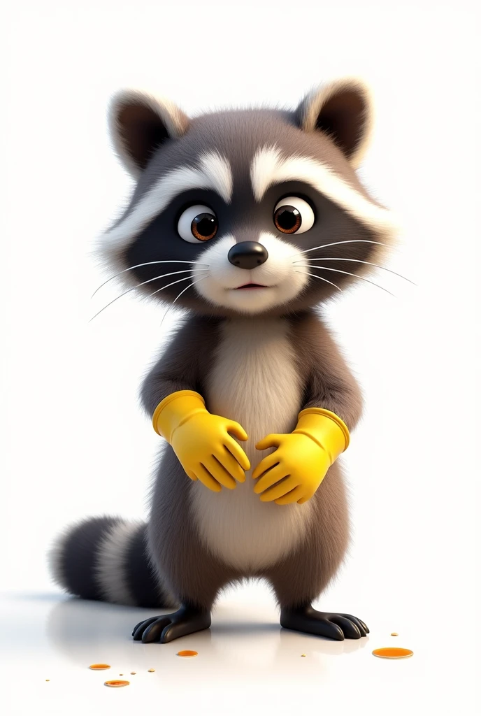 (photorealism:1.2), a raccoon in rubber gloves, white background, The raccoon is doing the cleaning, Cute cartoon raccoon