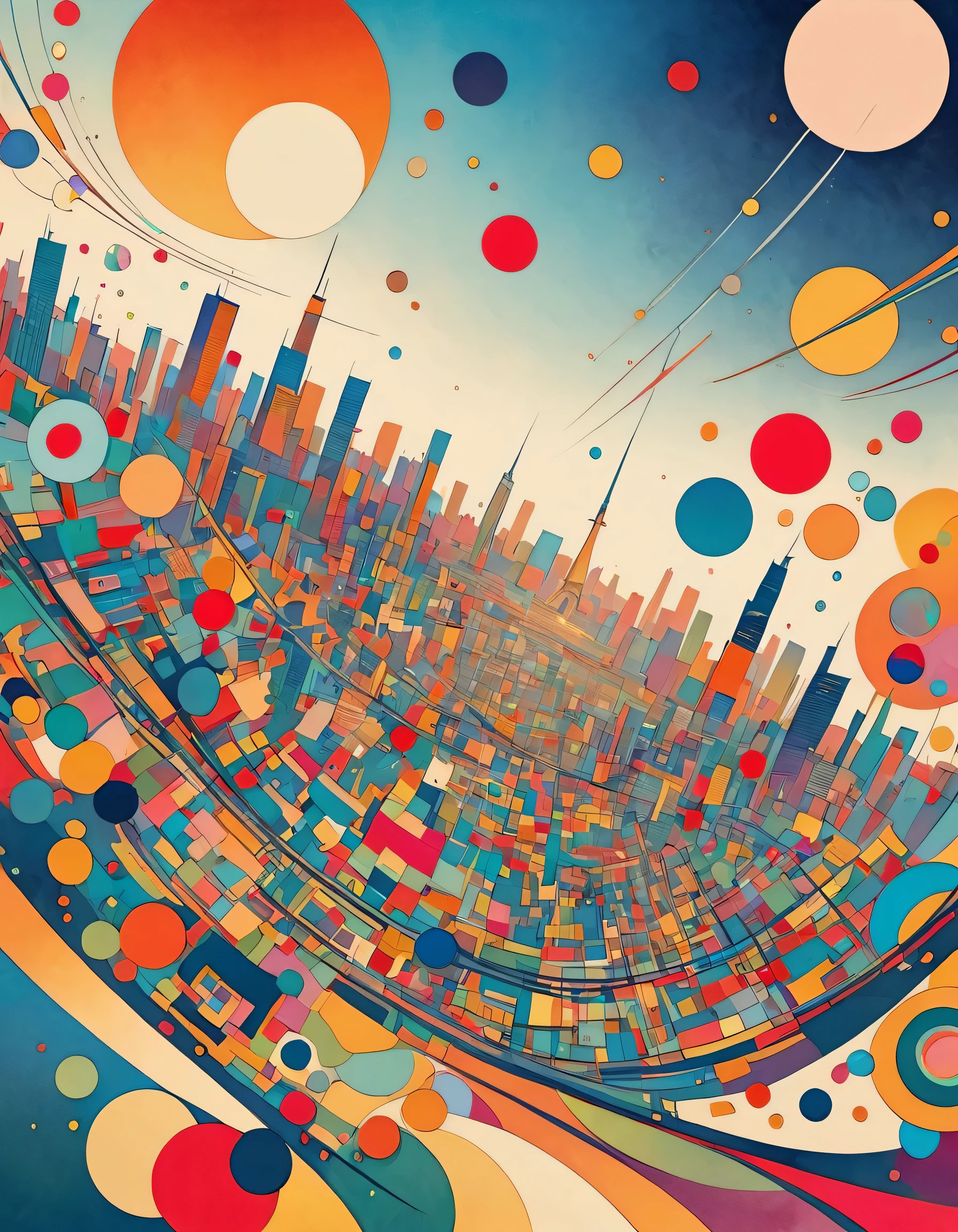 Vasily Kandinsky style, Simple Line Initialism,Abstract art,(((Tokyo cityscape))), (((No people)))