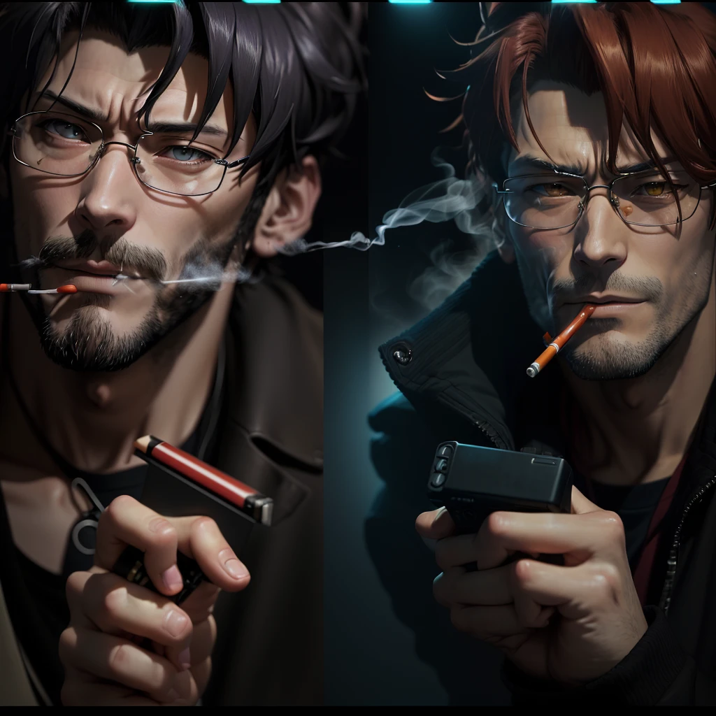 a close up of a person smoking a cigarette next to another person, gendo ikari smoking a joint, Anime movie screenshots, グロAnime screenshots, Revy Black Lagoon, Anime screenshots, Anime screenshots, style of red line anime movie, Yaoi, they are smoking, Scenes from animated movies, smoking, smoking and bickering, From the TV anime