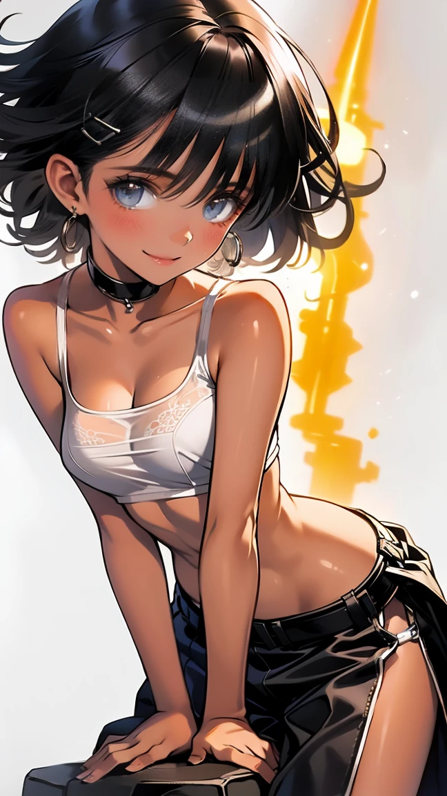 anime illustration, ((((highest quality)))), (((Ultra-precision CG 16K))), (((masterpiece))), (((Very detailed))), (((Extremely detailed))), (((Black outline:1.3, Written boundary depth:1.3 , Written soft outline, sharpness))), Maximum clarity and sharpness, Multilayer Texture, Surface Shading, Cinematic lighting, Beautiful details sparkle ,Perfect Proportions, Limited to one woman, BREAK accurate, Anatomically correct, Highly detailed face and skin texture, drawn in detail, Highly detailed facial and skin texture, Detailed eyes, beautiful hair, Beautiful Japanese Idol face, Beautiful and beautiful eyes, Beautiful body, Beautiful breasts, Beautiful thighs, Beautiful legs, Beautiful fingers, (Beautiful views) , skinny body, ((Beautiful Skin)), ((Skin Texture)) BREAK breast enlarged, medium Breasts, rocket breasts, (((perky breasts))), ((sagging breasts)), slender waist, ( narrow eyes, smiling, blush, determined expression, sweaty , Heavy breathing,) , (streaked hair, hair intakes, colored inner hair, ) BREAK (((wearing printed sexy oversized shirts, wearing wide-leg-pants, breasts is covered by outfit))) , wearing earrings, (((tanned skin, tan lines))) , BREAK ( stick breast out, bending over, under the blue sky ),(((looking at viewer, super detailed background , ))), BREAK (((portrait , close-up of face, bust-up shot, looking at viewer, )), (natural make), random angle , random situation , pinup magazine pose,