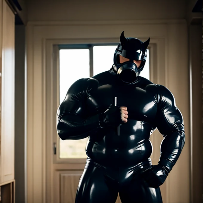 A musclebull in a tight,  full rubber suit, a gas mask, and rubber gloves covering his entire arms