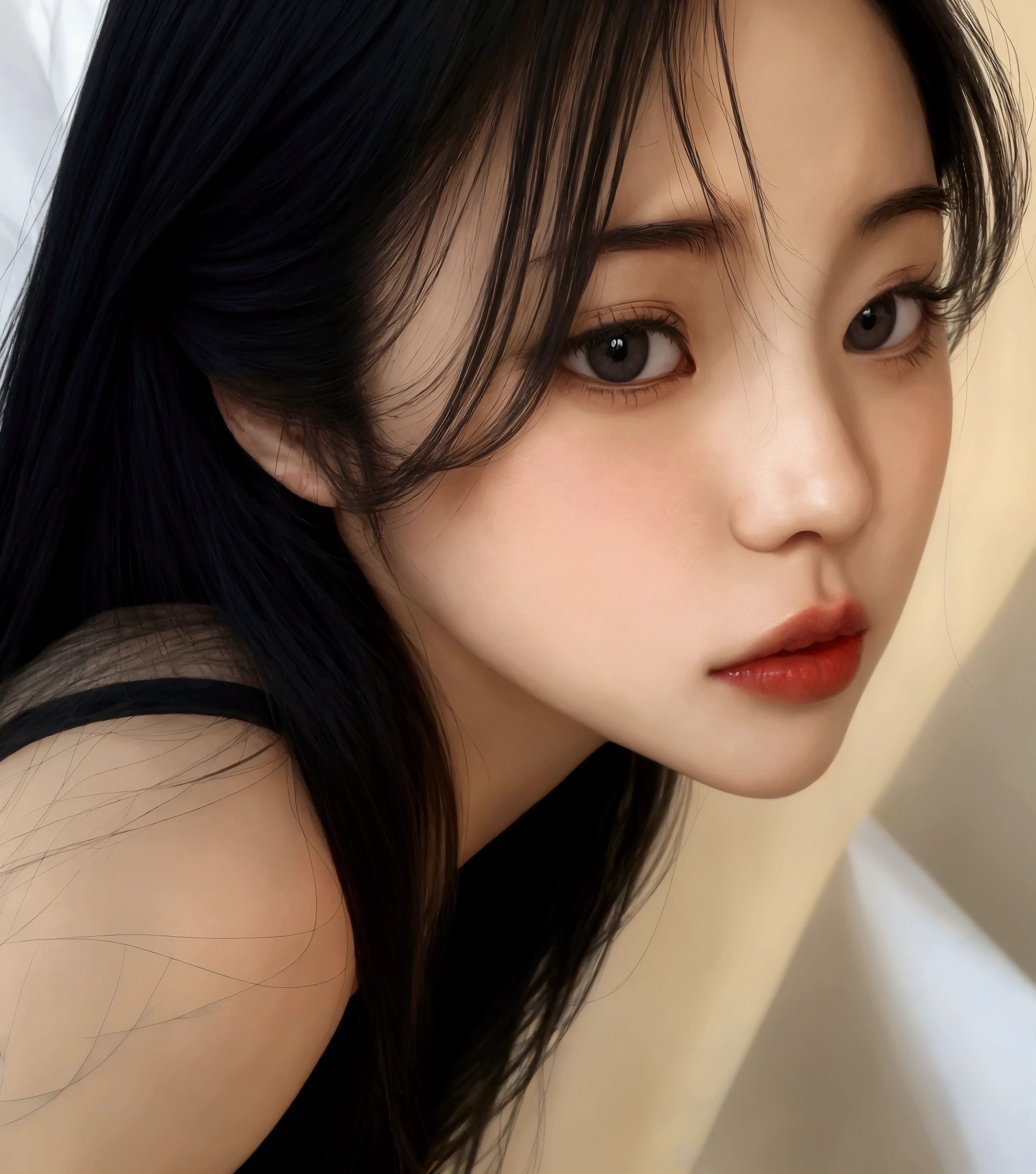 there is a woman with long black hair and a black top, beautiful south korean woman, korean girl, korean face features, dilraba dilmurat, with very thin lips, beautiful aesthetic face, ulzzang, gorgeous young korean woman, pale thin lips, extremely beautiful face, young cute wan asian face, pale round face, asian features