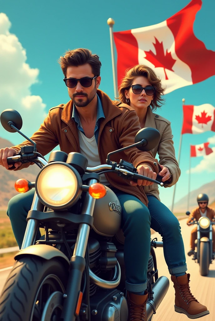 Two people on a motorcycle, they both have glasses, and they both have goatee, They are leaving Brazil and heading towards Japan, and after Japan they go to Canada, 3 paises, I made the 3 countries very clear, with the flags of Brazil, Japan and Canada, They are going from Brazil to Canada but will pass through Japan, I want the 3 flags