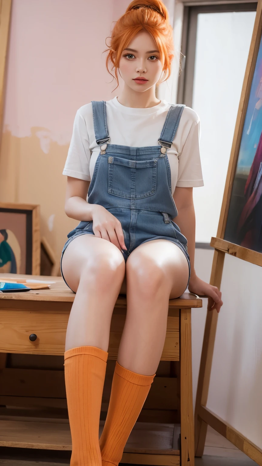 a girl with orange hair, wearing “lilac” overalls, long socks, beautiful body, beautiful face, painting studio in the background, (best quality,4k,8k,highres,masterpiece:1.2),ultra-detailed,(realistic,photorealistic,photo-realistic:1.37),intricate details, vibrant colors, warm lighting, cinematic composition