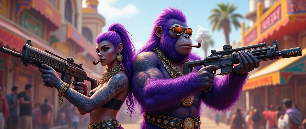 1 purple female ape and 1 purple ape, With giant and high-caliber weapons, with gangster SUIT with chains, tattooed, with huge diamond and gold rings, smoking with a pipe, at an Indian fair
