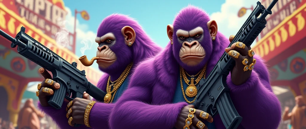 1 purple female ape and 1 purple ape, With giant and high-caliber weapons, with gangster SUIT with chains, tattooed, with huge diamond and gold rings, smoking with a pipe, at an Indian fair