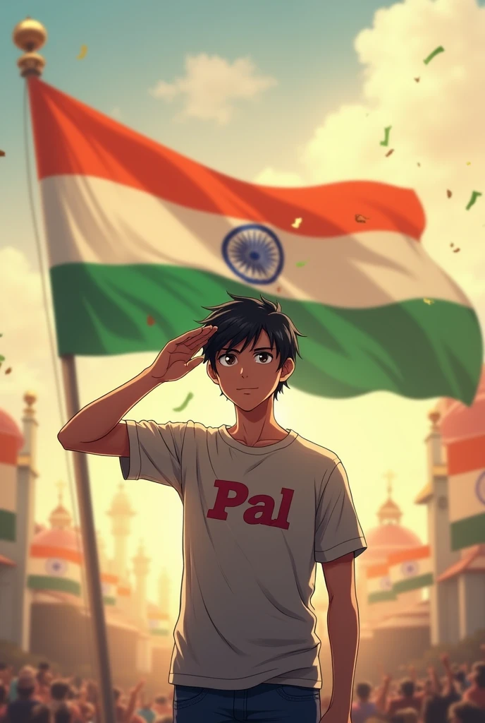 Men saluting the Indian flag, wearing 'Pal' t-shirts, on the 78th Independence Day.only one men  
 and look like a anime . This image age is 21 . write a text 78th happy independence day do this