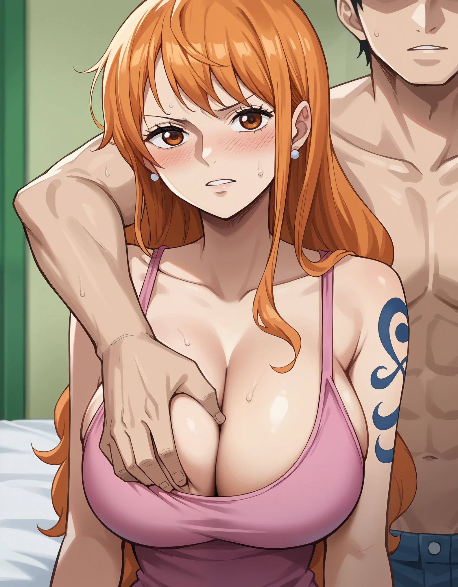 score_9, score_8_up, score_7_up, source_anime, best quality, clear face, 1girl, Nami, orange hair, orange eyes, long hair, large breasts, cleavage, looking at viewer, from front, blush, pink tank top, blue short pants, bedroom, 1boy, faceless male, male face out of frame, grabbing breast over shoulder