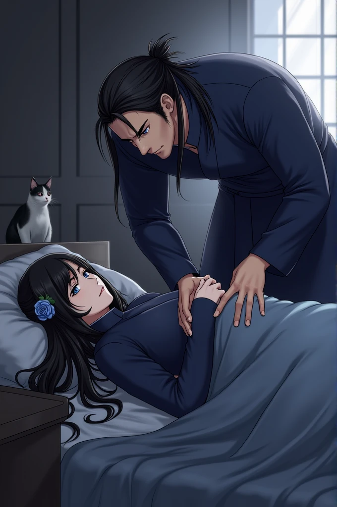 Demon Slayer style male character Unfotable, tall with long black hair tied up, with blue eyes 21 years old in a demon hunter uniform with a katana, trying to wake up a female demon hunter character with long black hair with a blue rose in her hair, light brown eyes and hunter uniform with navy blue Haori lying on a bed with a cat