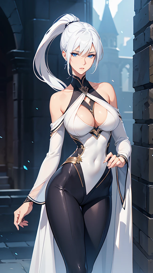 Elegant mature woman, slender slim body, small size breasts, white hair, long ponytail, bangs, blue eyes, bare shoulder, long tight leggings, fantasy, medieval, 4k resolution, high quality, (Nude:0.8)