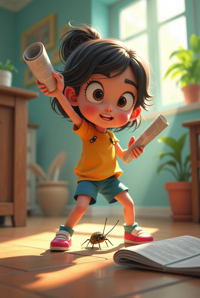 (masterpiece, best quality, 8k, high detailed, Cartoonish), from insect's eye view, 1girl and a small insect, full body, A small insect on the floor, She is hitting the insect with a rolled-up newspaper, low angle shot, Dynamic motion