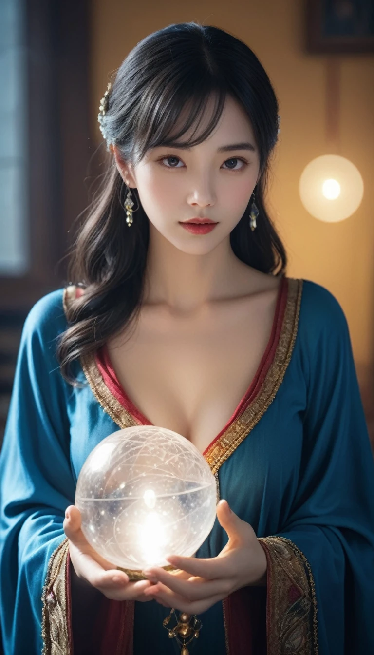 Female fortune teller. Body and face orientation: front. Charm, Beautiful and mysterious. She is wearing a blue cape、Have a clear face. The atmosphere is bright and sparkling, Filled with anxiety and anticipation. A fortune teller is standing. He has a crystal ball in his right hand. The lighting in the room is bright, Create a fantastic atmosphere. Best image quality, 4K or 8K resolution. Extremely detailed and realistic, Almost photorealistic. Artistic style is、It should reflect the formula's aesthetic with bright colors and strong contrast。. The color palette should emphasize the mysterious and mystical theme of the piece.. The fortune teller's cloak is decorated with metal trim and intricate designs.、The thickness ratio is 1.5. The overall atmosphere is starry and magical.. The fortune teller's facial expression should arouse mystical interest..