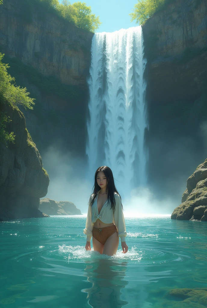 full lebght hiper 4k young woman, and a beautiful, sweet face, black hair, and a beautiful, sweet face, long black hair, in a white top, wearing a white long-sleeved shirt over it and wearing brown shorts, playing in a waterfall, the water is about as deep as the young woman's chest, swimming, the beauty that splashes down from a high cliff, there is a mountain stream, the atmosphere is cool and refreshing, glowing and sparkling, beautiful, oil painting, three-dimensional painting, art painting, Professor Chalermchai