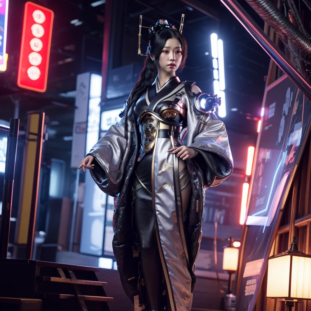 Android, geisha, withroboticparts, inflowerykimono, sci-fi suit, wearing a cyberpunk style, intricate details, (Artstation:1.1), (intricate:1.1), (great eye detail:0.7), solo, female, looking at viewer, photorealistic, 8k, unreal engine, full body, highly detailed,