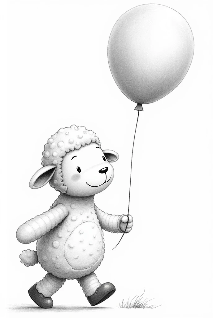 stuffed sheep walking with a balloon. in childish style in black and white pencil and very contrasting 