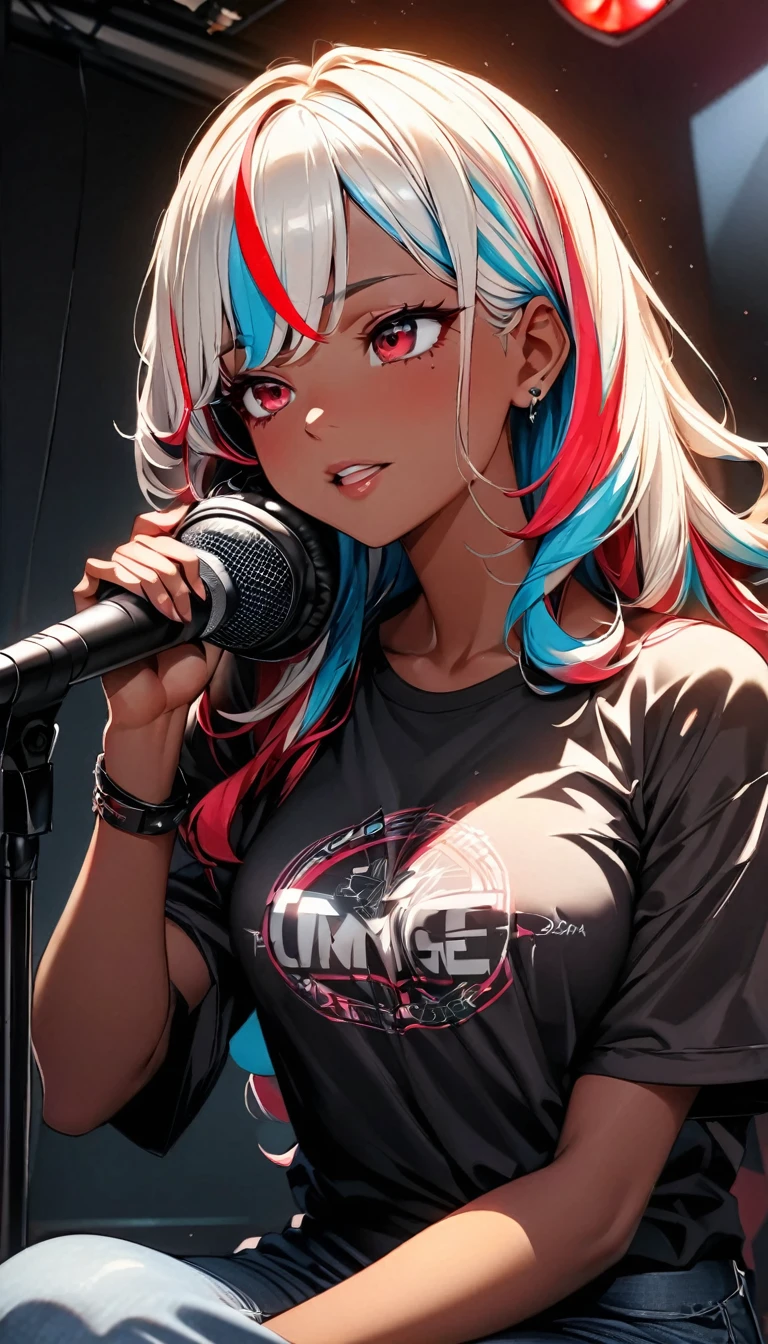 (highest quality:1.2, Very detailed, up to date, Vibrant, Ultra-high resolution, High Contrast, masterpiece:1.2, highest quality, Best aesthetics), Portraiture、girl、singer、Bright colors、Beautiful fine details、Beautiful lip detail、midium wave hair、red and white ((streaked hair:1.6)), highlights hair: 1.5, red eyes, (slim:1), medium breast, (tan skin:1.1), t-shirts and old jeans、loose fit, wearing headphone, vocal recording, singing, (right hand holding mike stand:1), (Floral Fineline tattoo design on left arm:1), ((mike stand)), Powerful vocals、Rock star aura、recording studio, vocal recording booth:1