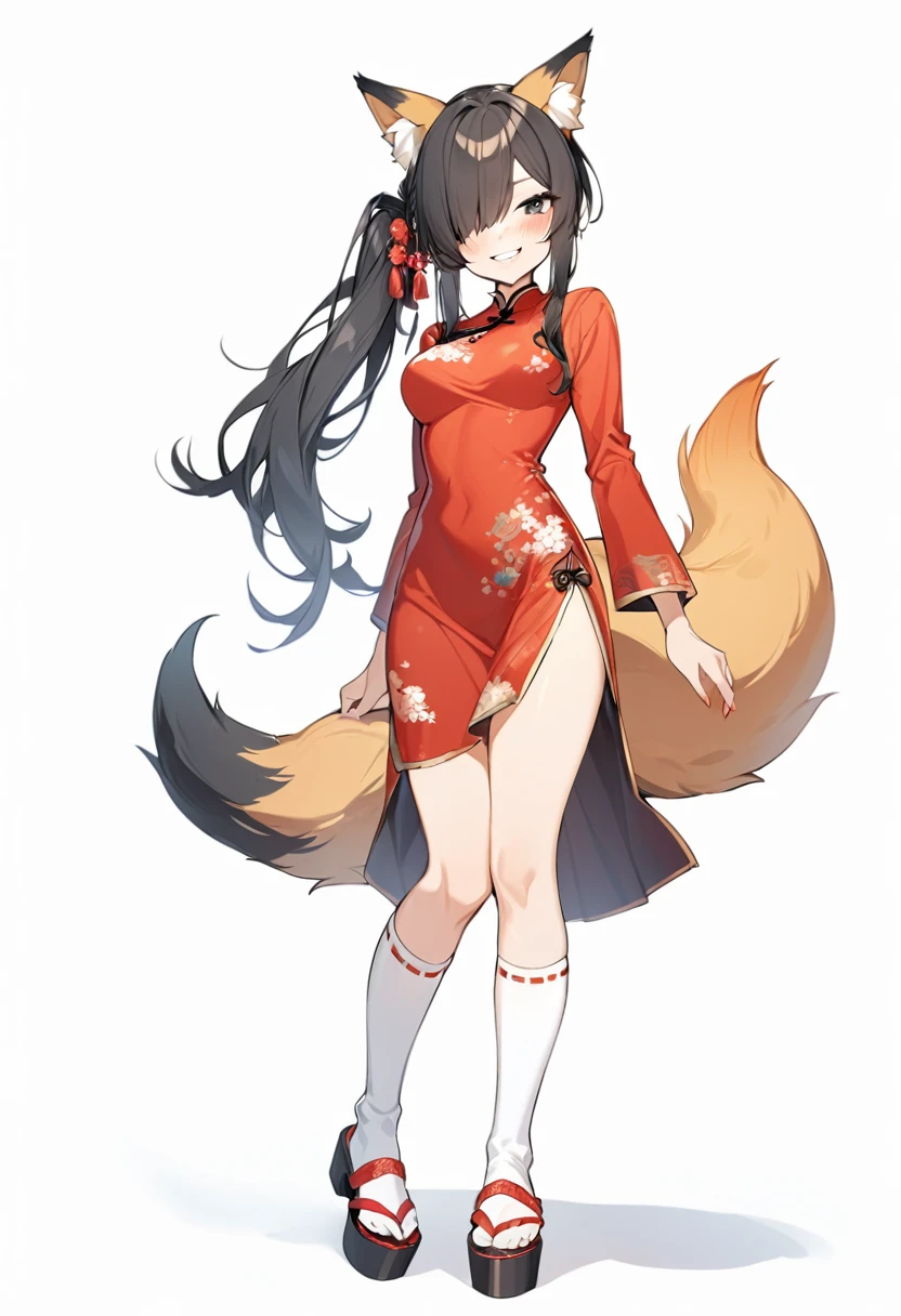 1 girl, solo, long hair, chest, staring at viewer, blushing, smiling, skirt, simple background, black hair, knee socks, long sleeves, white background, animal ears, standing, tail, full body, ponytail, cheongsam, red cheongsam, teeth, hair over one eye, smirk, black eyes, white knee socks, animal ear hair, fox ears, skin teeth, fox tail, sandals, fox,