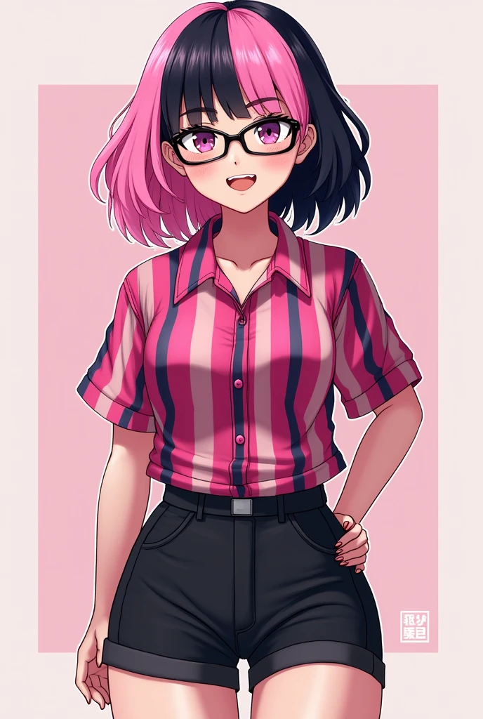 Female character with pink hair and black hair down and a pink and black striped shirt and black shorts with black glasses and a smiling face