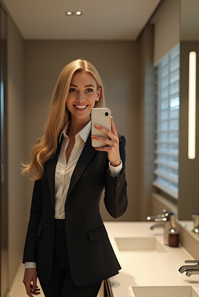 (photorealism:1.2), beautiful woman, in bathroom, taking selfie, wearing office suit, long blonde straight hair, smiling