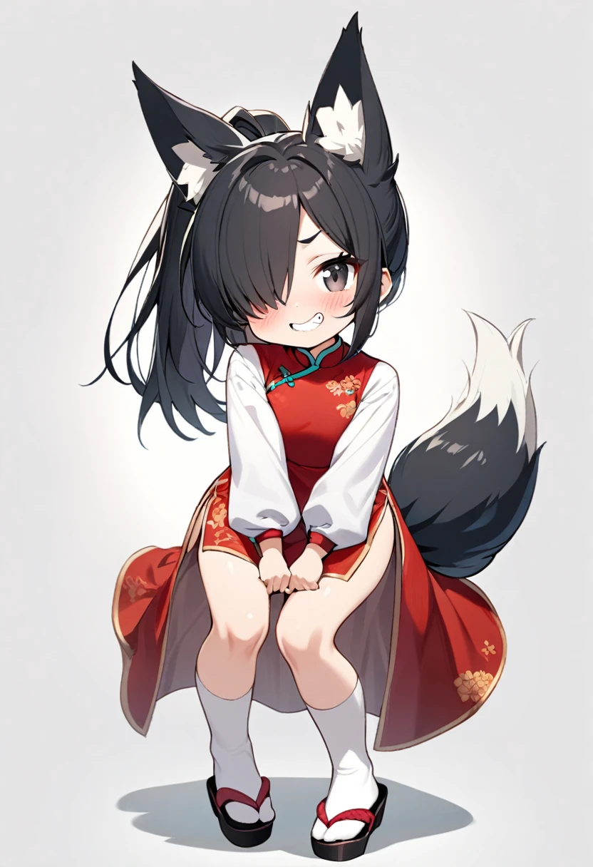 1 girl, solo, long hair, chest, staring at viewer, blushing, smiling, skirt, simple background, black hair, knee socks, long sleeves, white background, animal ears, standing, tail, full body, ponytail, cheongsam, red cheongsam, teeth, hair over one eye, smirk, black eyes, white knee socks, animal ear hair, fox ears, skin teeth, fox tail, sandals, fox,