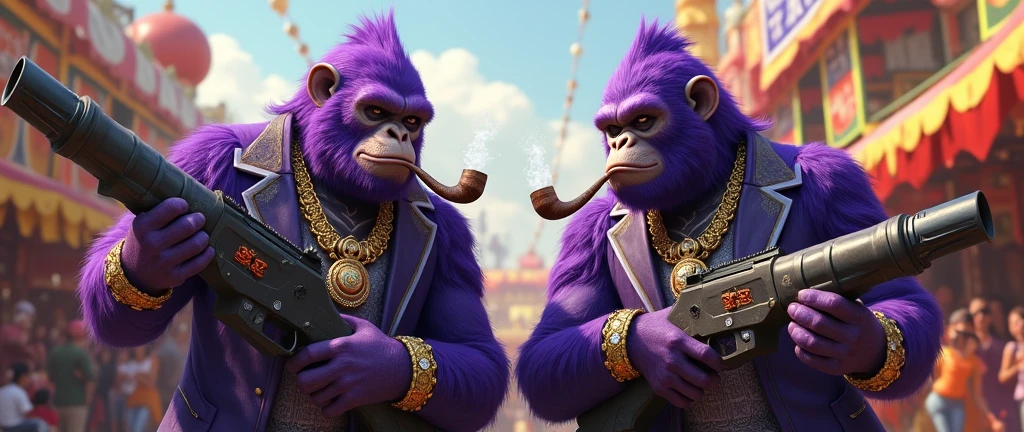 1 purple female ape and 1 purple ape, With giant and high-caliber weapons, with gangster SUIT with chains, tattooed, with huge diamond and gold rings, smoking with a pipe, at an Indian fair