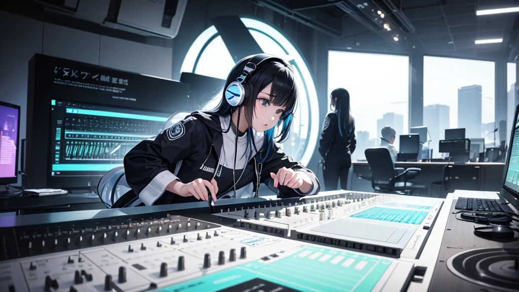 「design concept:
Mixer console in the background、The headphones are placed in the center on the front。
The mixer console represents a professional music production environment.、We aim for realistic and precise depiction of every detail.。Buttons and faders are clearly visible、Use light reflections and shadows effectively、Creates a three-dimensional effect。
The headphones on the front have a simple and modern design.、The softly curved cable hangs naturally over the mixer.。The headphones come in black or dark metal.、Gives a cool and elegant impression。
The overall color、Based on cool blue and green、Use a dark grey or black background。This、Creates a professional and sophisticated atmosphere。
Keep the background clean、Designed to highlight the mixer console and headphones。Emphasizes the contrast between light and shadow、The aim is to give an energetic yet calm impression.。」