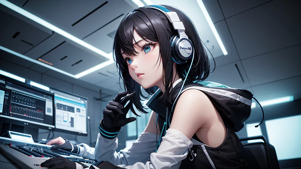 「design concept:
Mixer console in the background、The headphones are placed in the center on the front。
The mixer console represents a professional music production environment.、We aim for realistic and precise depiction of every detail.。Buttons and faders are clearly visible、Use light reflections and shadows effectively、Creates a three-dimensional effect。
The headphones on the front have a simple and modern design.、The softly curved cable hangs naturally over the mixer.。The headphones come in black or dark metal.、Gives a cool and elegant impression。
The overall color、Based on cool blue and green、Use a dark grey or black background。This、Creates a professional and sophisticated atmosphere。
Keep the background clean、Designed to highlight the mixer console and headphones。Emphasizes the contrast between light and shadow、The aim is to give an energetic yet calm impression.。」