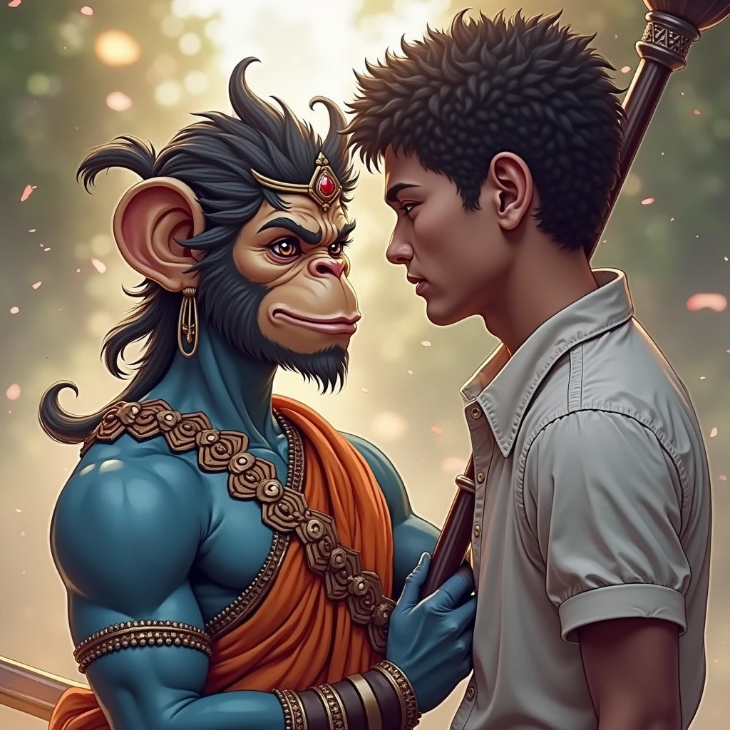 Hanuman ji is standing with a mace in his hand