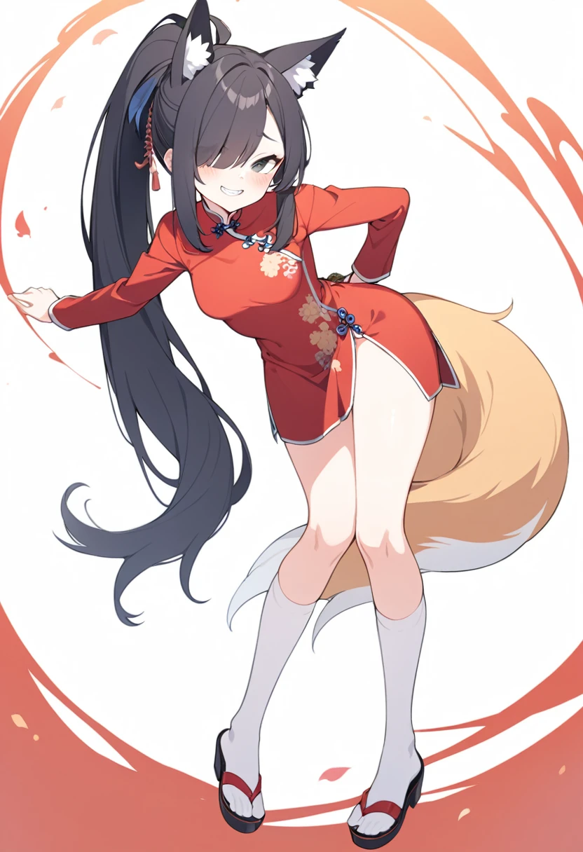 1 girl, solo, long hair, chest, staring at viewer, blushing, smiling, skirt, simple background, black hair, knee socks, long sleeves, white background, animal ears, standing, tail, full body, ponytail, cheongsam, red cheongsam, teeth, hair over one eye, smirk, black eyes, white knee socks, animal ear hair, fox ears, skin teeth, fox tail, sandals, fox,