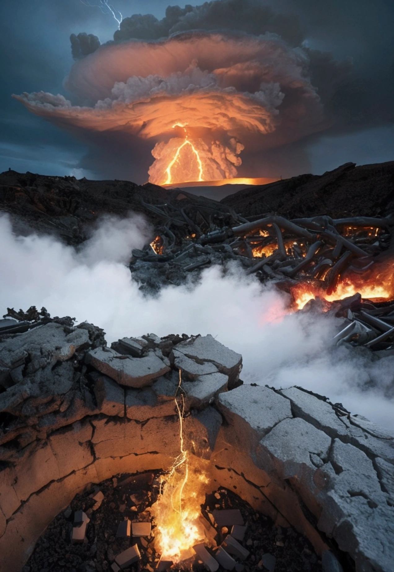 Create an image of the Earth's final day, depicting the awe-inspiring and cruel wonders of nature. Show a volcanic eruption with vibrant lava flowing down the mountainside and ominous plumes of smoke and ash billowing into the sky. Illuminate the scene with flashes of lightning and thunderbolts, emphasizing the destructive power of nature. Capture the intensity of a violent storm with strong winds and torrential rain, evoking a sense of chaos and impending doom.