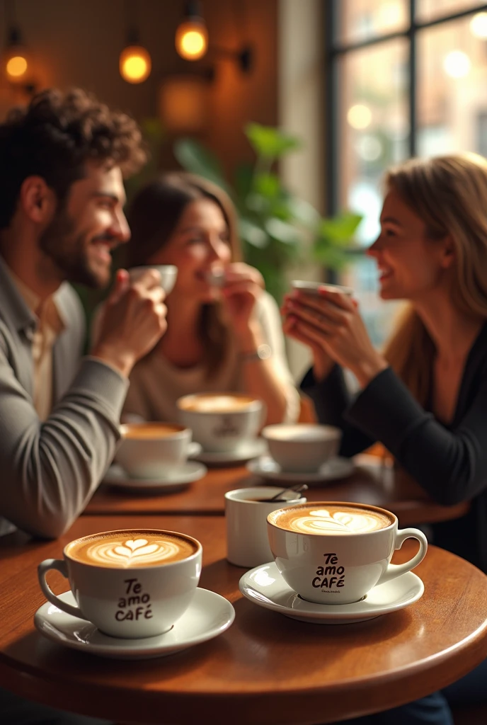 Hd poster with people drinking cupouccino back ground write in cup Te amo cafe