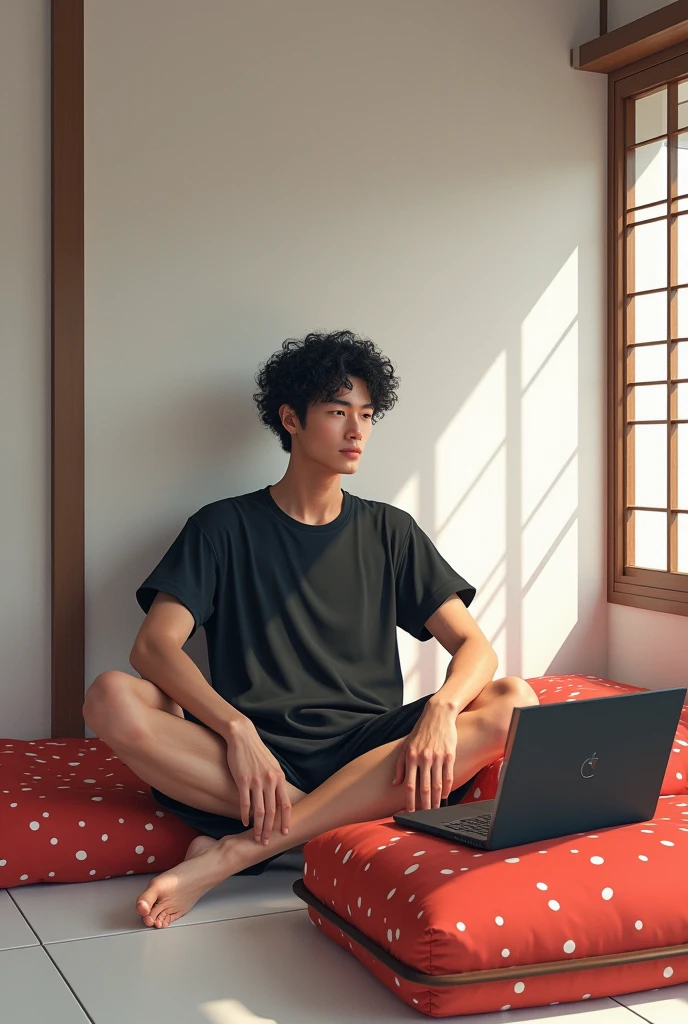 A Japanese man, 180cm tall, with naturally curly hair, wearing a black short-sleeved top and bottoms and short pants, in a Japanese-style room with white flooring, a black laptop computer on a red low table, a slightly double-lidded face, a dark-skinned face, and a red polka-dot futon nearby