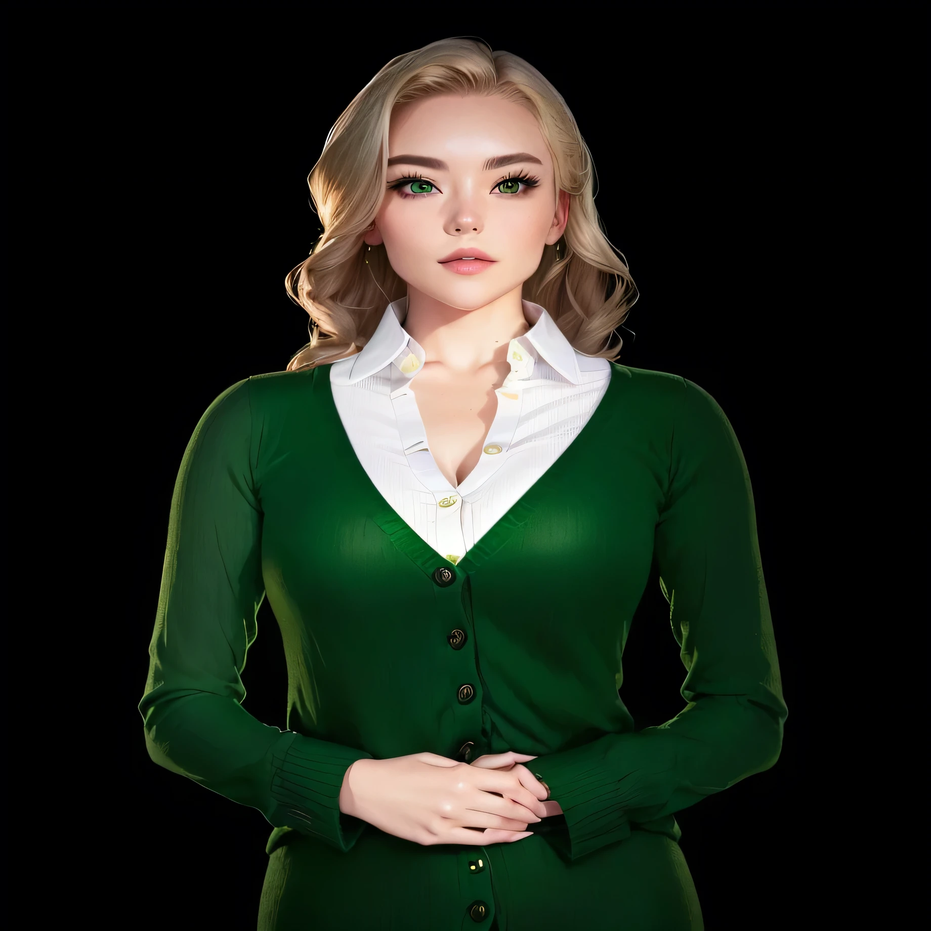 Arafed woman in a green cardigan with a white collar, wearing a green sweater, woman in office dress, attractive woman, blond hair, Asian, in the photo from the shoulders up, Casual green clothes, Full body closeup, dark green embellished clothing, attractive woman, wide shoulders, Photo of a woman, wear peach princess dress