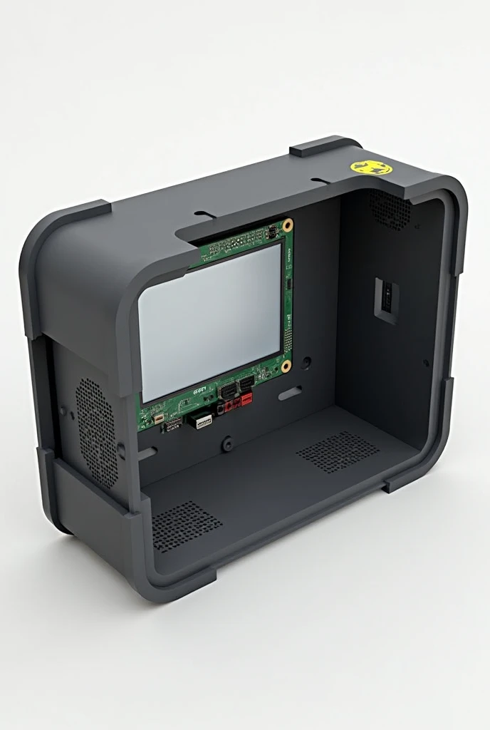 Generate a Rasberry pi 4 development board case with 7 inch touch screen with tablet layout, secondary data screen, battery, and ventilation
(Shows the layout of these components inside the case)