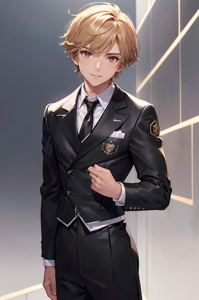 (((masterpiece; best quality: 1.2))), (finely detailed eyes: 1.3), ((1 male teen)), ((solo)), (brown eyes: 1.4), (body shape; lean, masculine, manly: 1.3), (very short blond hair: 1.3), (clear background: 1.2), ((depth of field)), (equipment: school uniform + black jacket + black necktie + white shirt: 1.3), (anime illustration: 1.2), (background composition; japanese classroom + day: 1.1), (extremely handsome: 1.1), (shot composition; standing + centered on face + bust close-up: 1.5), (facial expression; calm + smile: 1.2)