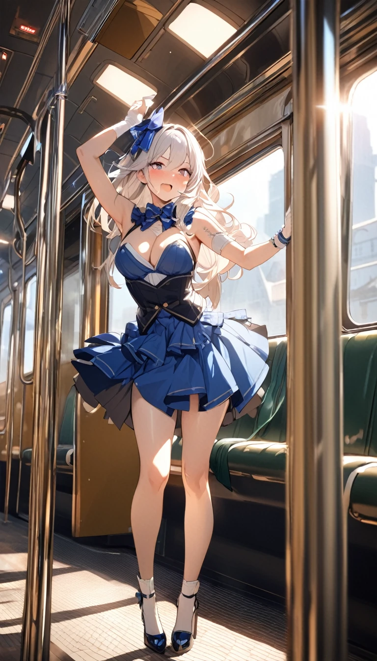 masterpiece,Highest quality,8k,Inside the train,front,During busy times,1 Female,,Bold Pose,Big behavior,Shiny hair,Glossy skin,Japanese idol model,