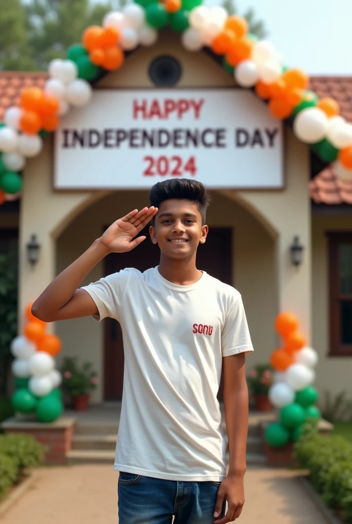 A real 20 year old boy , wearing a white "sonu" name  T-shirt stands in front of a house decorated with Indian flags and tricolor balloons, saluting for an upcoming Independence Day celebration. The house has a large banner that reads "HAPPY INDEPENDENCE DAY 2024 and make sure text should be correct.