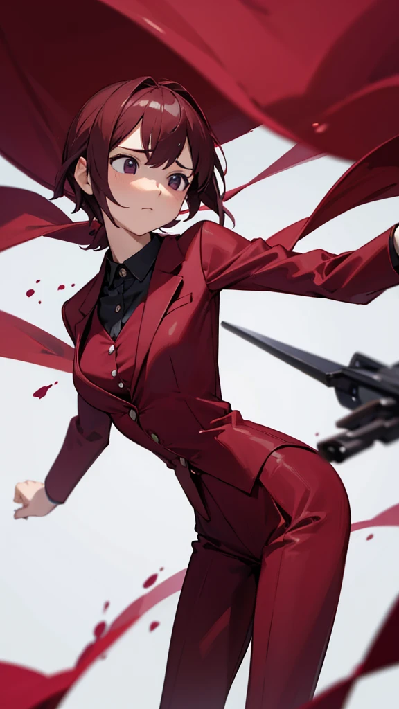Wine red suit、Don&#39;t wear a jacket、Black Hair、Hair down to shoulder length、One hand on hip、Leather shoes、woman